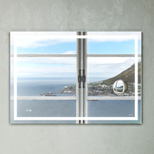 Зеркало с подсветкой в ванную прямоугольное, с часами и косметическим зеркалом, 100 см