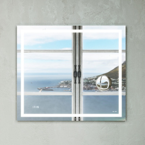 Зеркало с подсветкой в ванную прямоугольное, с часами и косметическим зеркалом, 80 см