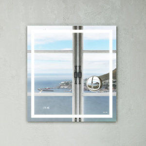 Зеркало с подсветкой в ванную прямоугольное, с часами и косметическим зеркалом, 65 см